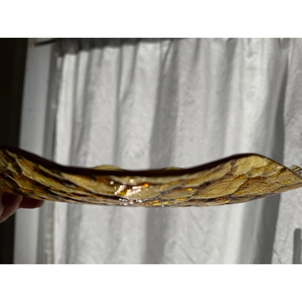Vtg. Glass Serving Plate Amber Hammered Scalloped MCM Retro Decor